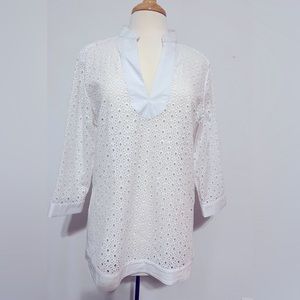 Zac & Rachel large White Eyelet Lace V
Neck Top 3/4 Sleeve Shirt Tunic